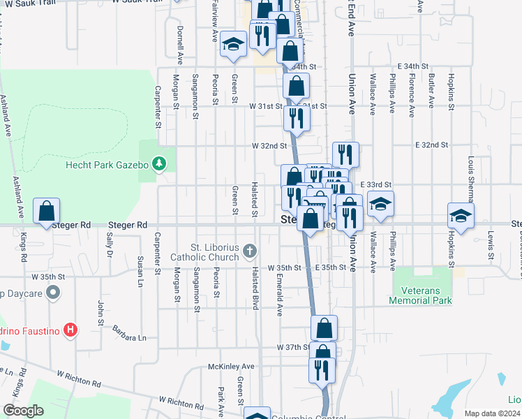 map of restaurants, bars, coffee shops, grocery stores, and more near 3329 Halsted Street in Steger