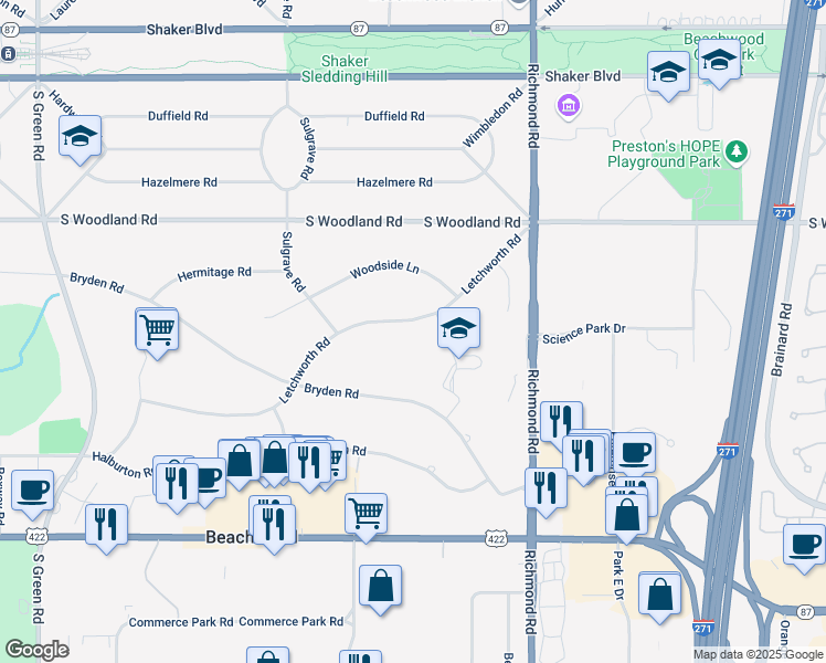 map of restaurants, bars, coffee shops, grocery stores, and more near 25102 Letchworth Road in Beachwood