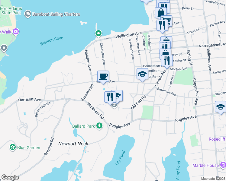 map of restaurants, bars, coffee shops, grocery stores, and more near 4 Harrison Lane in Newport