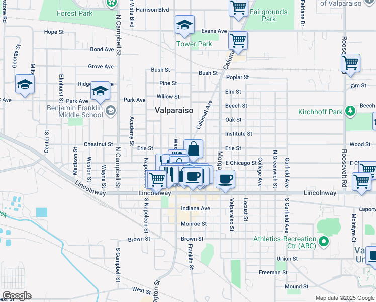 map of restaurants, bars, coffee shops, grocery stores, and more near 207 Franklin Street in Valparaiso