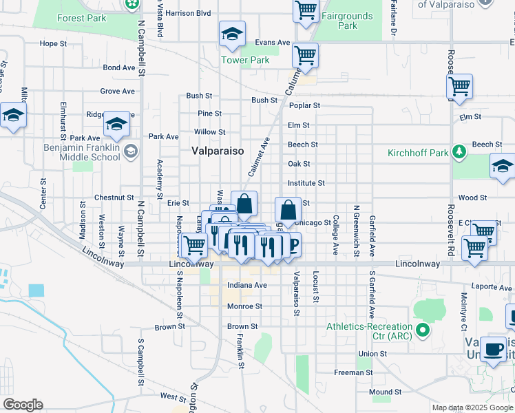 map of restaurants, bars, coffee shops, grocery stores, and more near 207 Michigan Avenue in Valparaiso