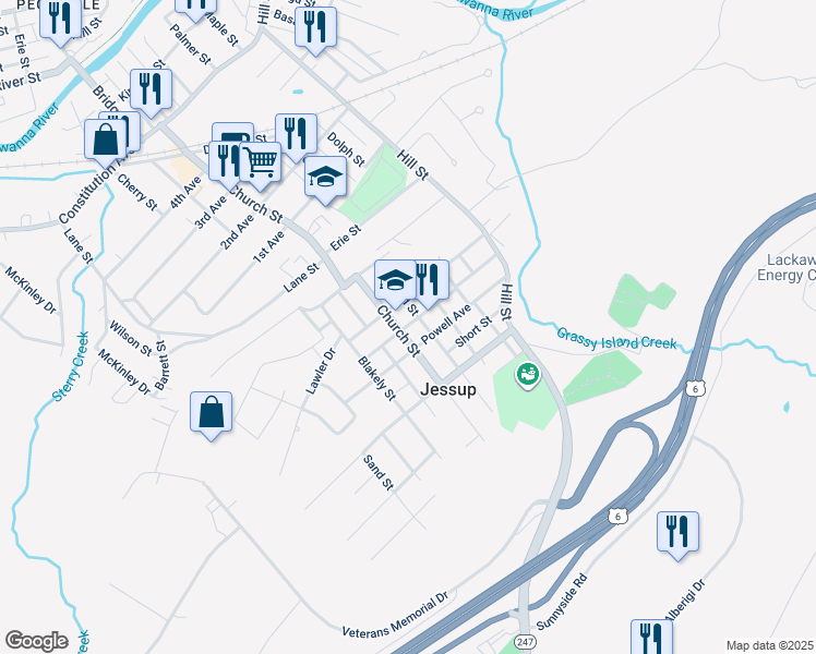 map of restaurants, bars, coffee shops, grocery stores, and more near 905 Church Street in Jessup