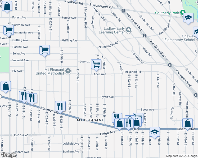map of restaurants, bars, coffee shops, grocery stores, and more near 3250 East 137th Street in Cleveland