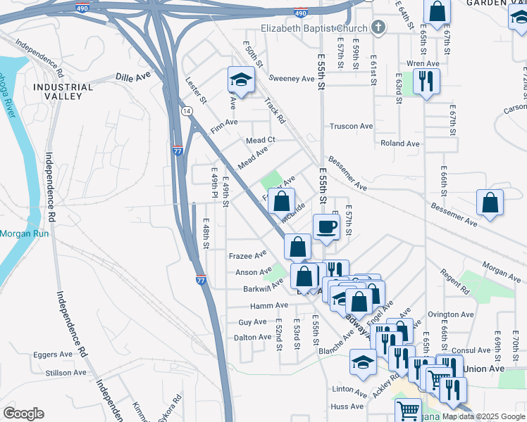 map of restaurants, bars, coffee shops, grocery stores, and more near 5100 Broadway Avenue in Cleveland