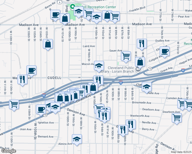 map of restaurants, bars, coffee shops, grocery stores, and more near 9401 Willard Avenue in Cleveland
