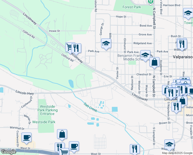 map of restaurants, bars, coffee shops, grocery stores, and more near 212 Logan Street in Valparaiso