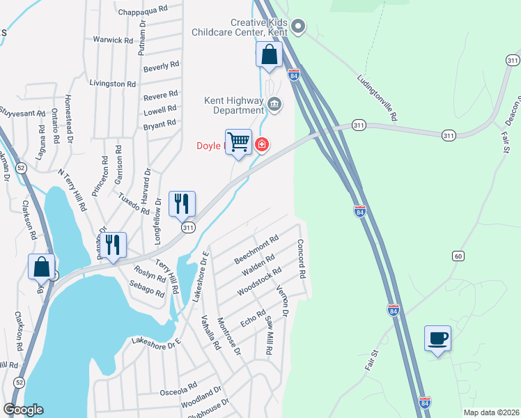 map of restaurants, bars, coffee shops, grocery stores, and more near 42 Greenridge Court in Carmel Hamlet