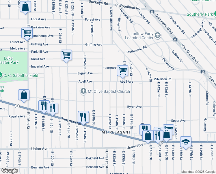 map of restaurants, bars, coffee shops, grocery stores, and more near 3254 East 132nd Street in Cleveland