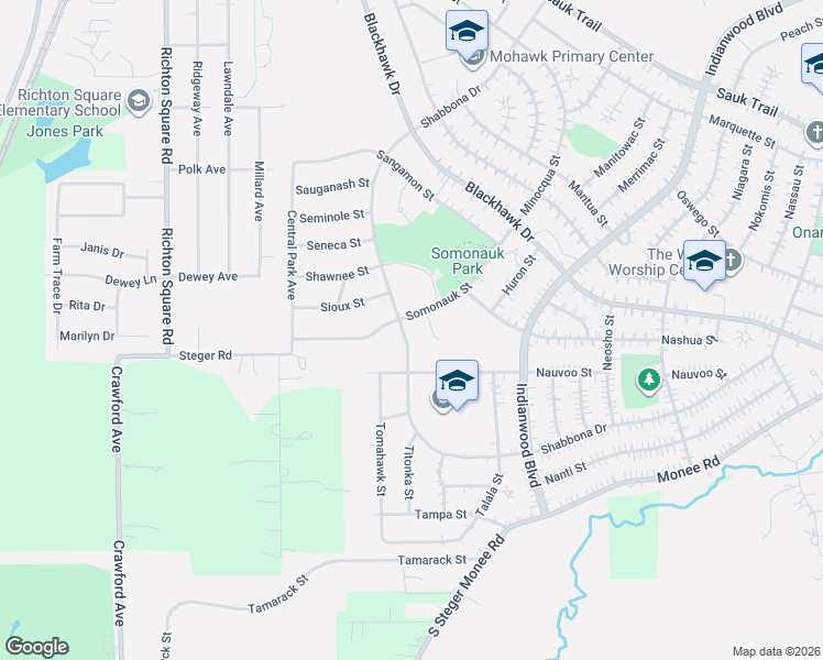 map of restaurants, bars, coffee shops, grocery stores, and more near 301 Somonauk Street in Park Forest