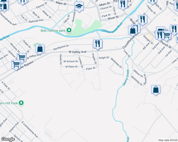 map of restaurants, bars, coffee shops, grocery stores, and more near 116 Palm St in Olyphant