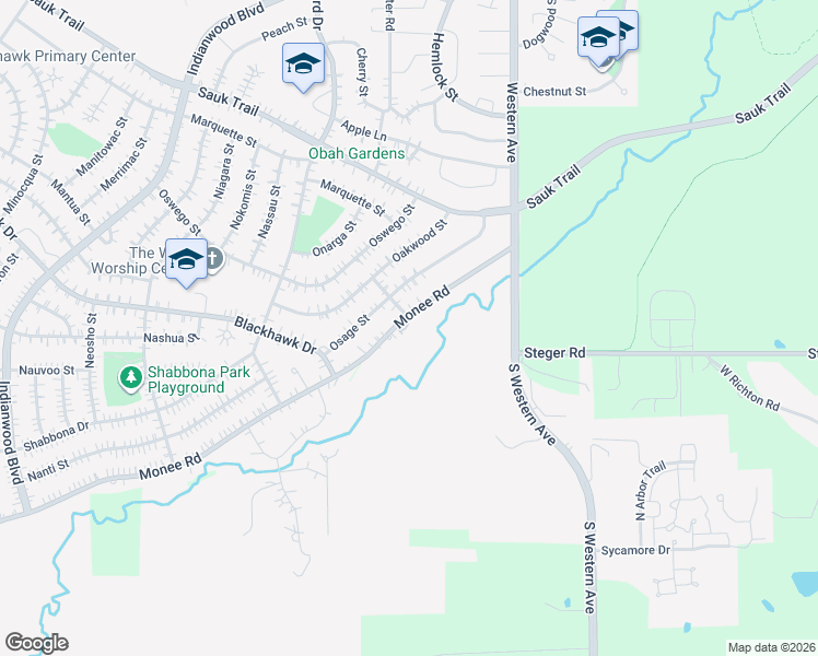 map of restaurants, bars, coffee shops, grocery stores, and more near 31 Monee Road in Park Forest