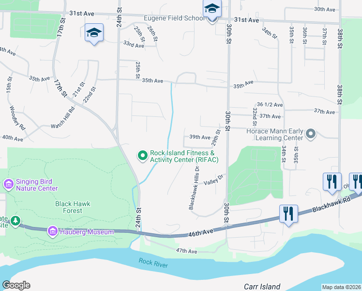 map of restaurants, bars, coffee shops, grocery stores, and more near 3916 28th Street in Rock Island