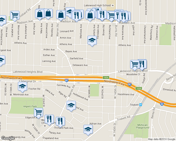 map of restaurants, bars, coffee shops, grocery stores, and more near 2241 Lincoln Ave in Lakewood
