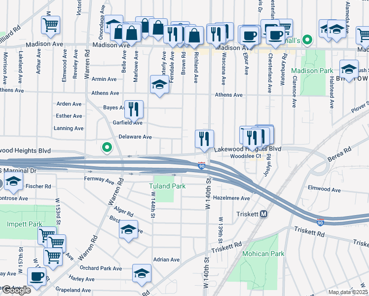 map of restaurants, bars, coffee shops, grocery stores, and more near 2237 Brown Rd in Lakewood