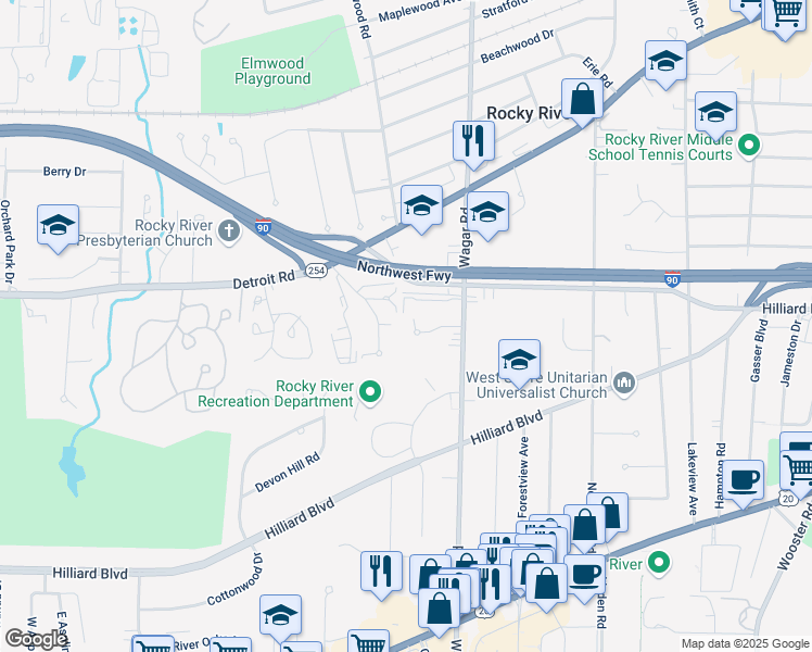 map of restaurants, bars, coffee shops, grocery stores, and more near 21160 West Wagar Circle in Rocky River