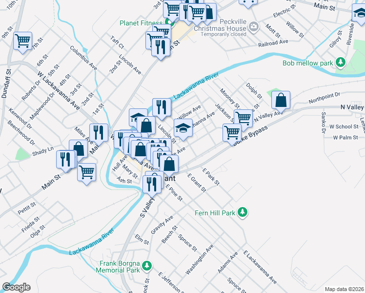 map of restaurants, bars, coffee shops, grocery stores, and more near 310 Lincoln Street in Olyphant