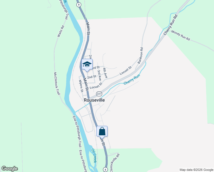 map of restaurants, bars, coffee shops, grocery stores, and more near 129 Cherry Run Road in Oil City