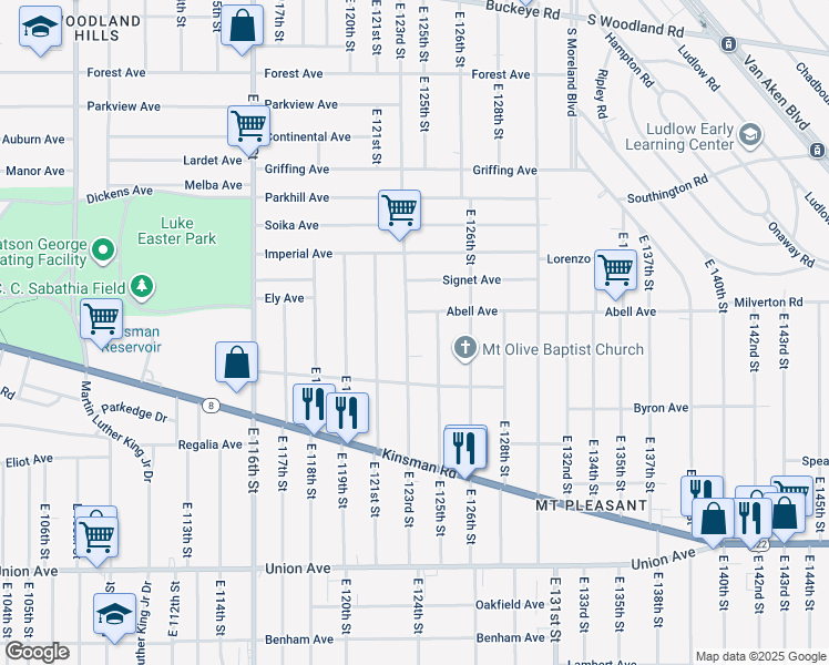 map of restaurants, bars, coffee shops, grocery stores, and more near 3241 East 123rd Street in Cleveland
