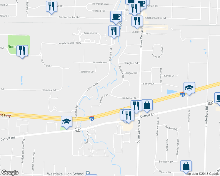 map of restaurants, bars, coffee shops, grocery stores, and more near 1164 Richmar Drive in Westlake