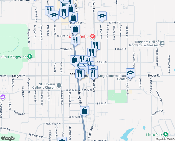 map of restaurants, bars, coffee shops, grocery stores, and more near 14 East 33rd Place in Steger