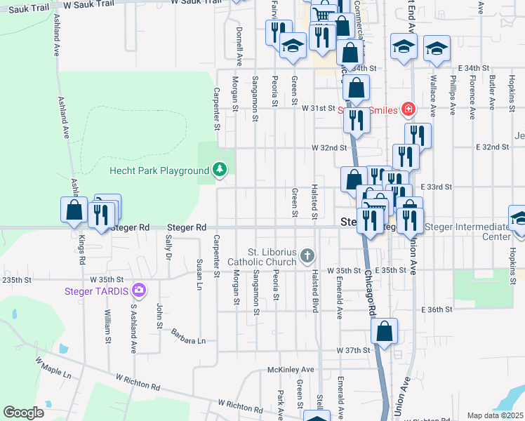 map of restaurants, bars, coffee shops, grocery stores, and more near 3319 Sangamon Street in Steger