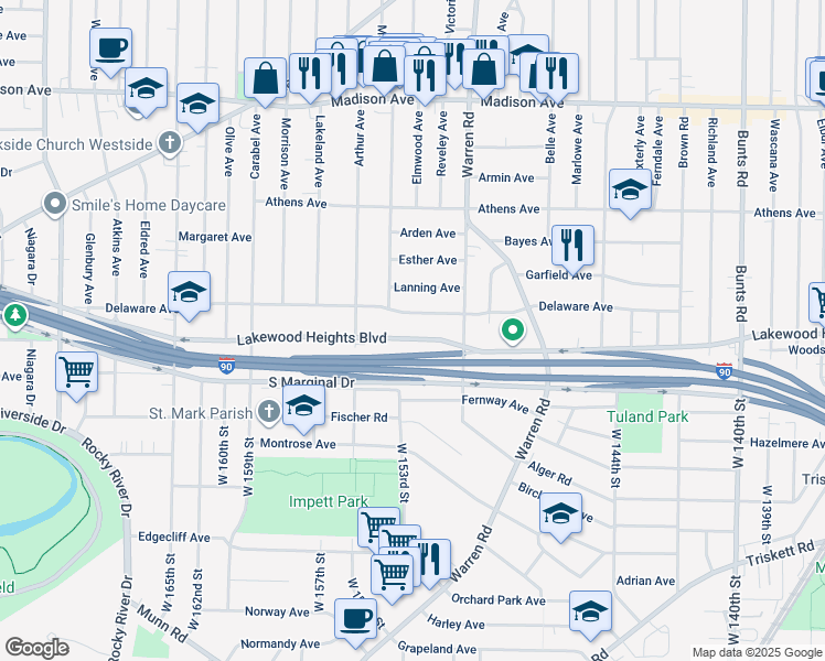 map of restaurants, bars, coffee shops, grocery stores, and more near 14950 Lakewood Heights Boulevard in Lakewood