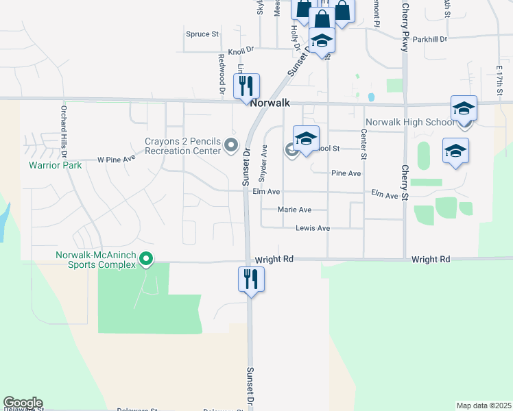 map of restaurants, bars, coffee shops, grocery stores, and more near 305 Snyder Avenue in Norwalk