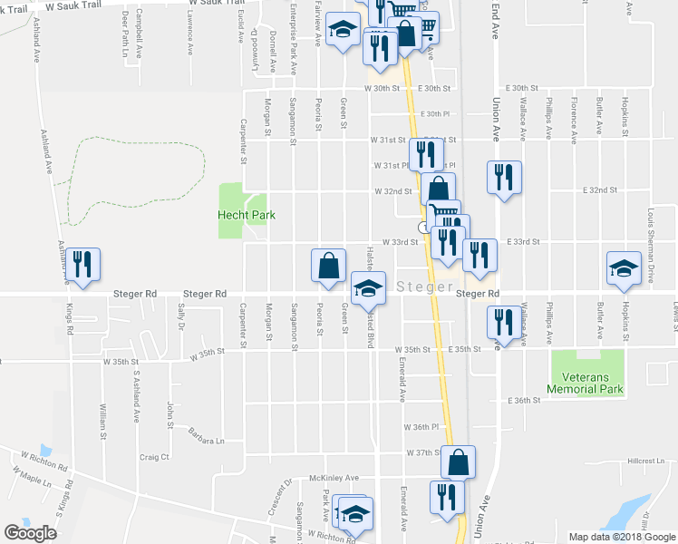 map of restaurants, bars, coffee shops, grocery stores, and more near 3328 Green Street in Steger