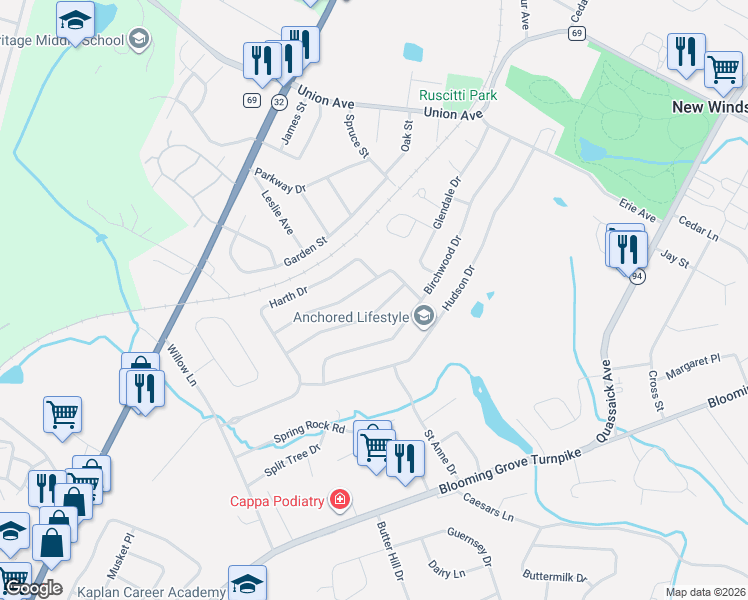 map of restaurants, bars, coffee shops, grocery stores, and more near 23 Valewood Dr in New Windsor