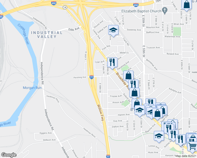 map of restaurants, bars, coffee shops, grocery stores, and more near 3222 East 48th Street in Cleveland