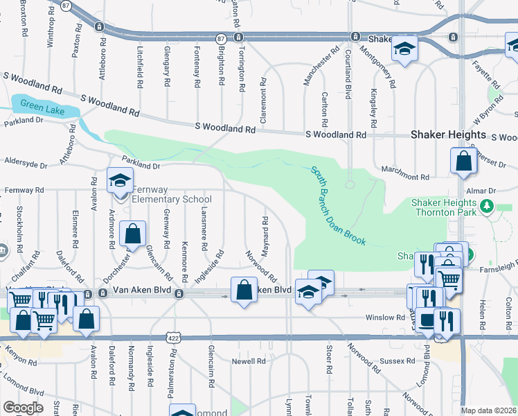 map of restaurants, bars, coffee shops, grocery stores, and more near 18534 Parkland Drive in Shaker Heights