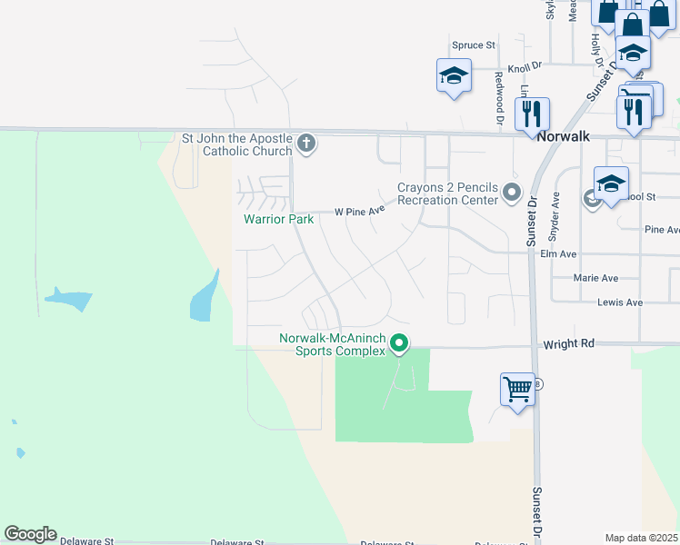 map of restaurants, bars, coffee shops, grocery stores, and more near 308 Rellim Drive in Norwalk