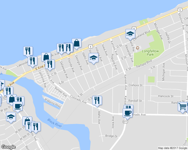 map of restaurants, bars, coffee shops, grocery stores, and more near 415 Idaho Avenue in Lorain