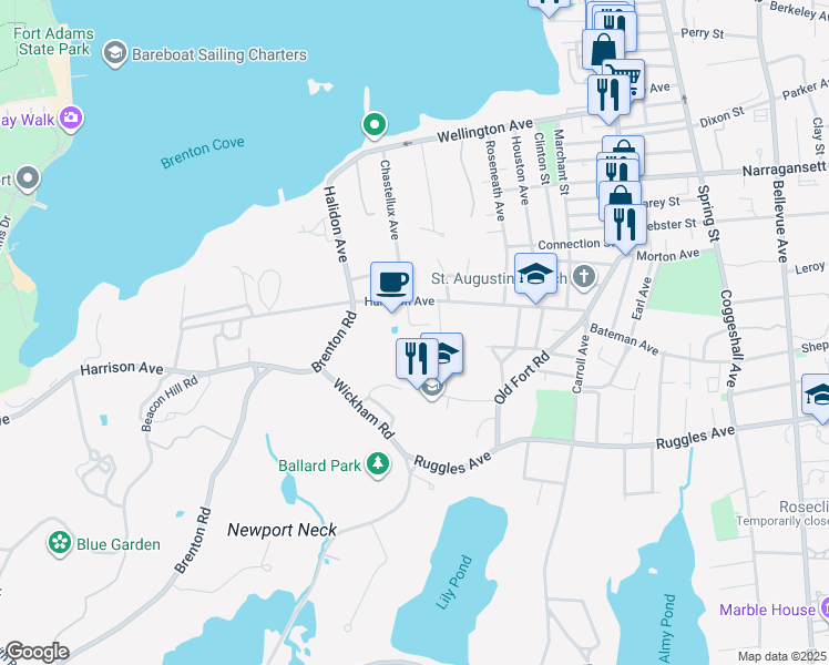 map of restaurants, bars, coffee shops, grocery stores, and more near 2 Harrison Lane in Newport