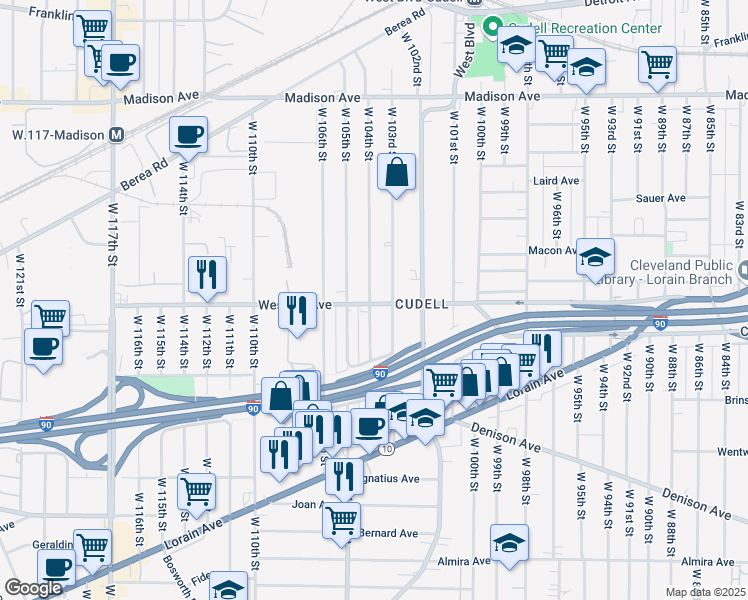 map of restaurants, bars, coffee shops, grocery stores, and more near 2235 West 104th Street in Cleveland