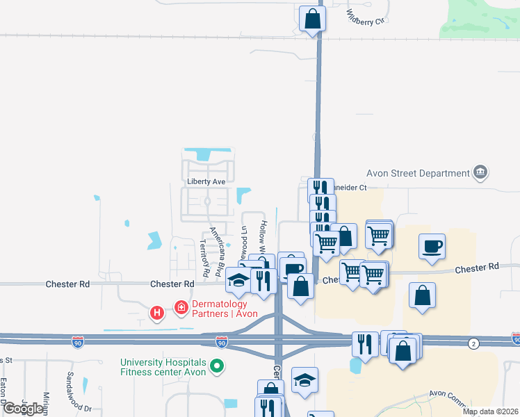 map of restaurants, bars, coffee shops, grocery stores, and more near 36126 Shade Tree Trail in Avon