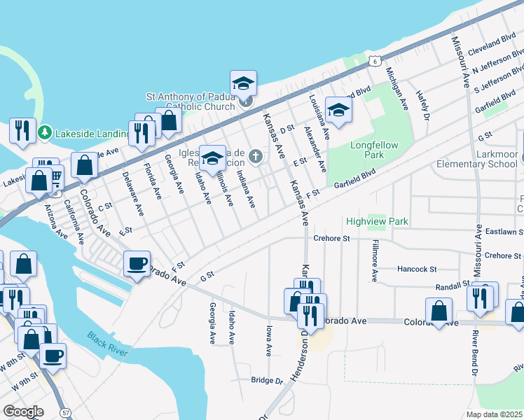 map of restaurants, bars, coffee shops, grocery stores, and more near 450 Iowa Avenue in Lorain