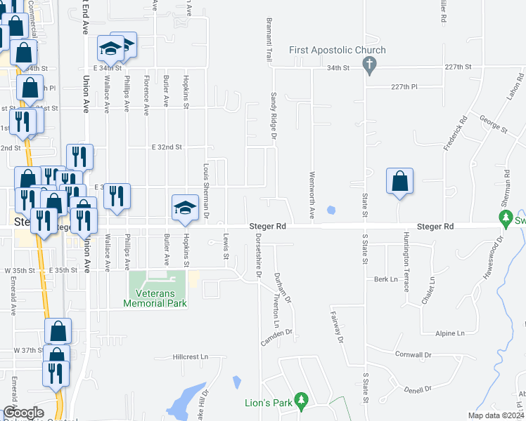 map of restaurants, bars, coffee shops, grocery stores, and more near 17 Sunset Court in Steger