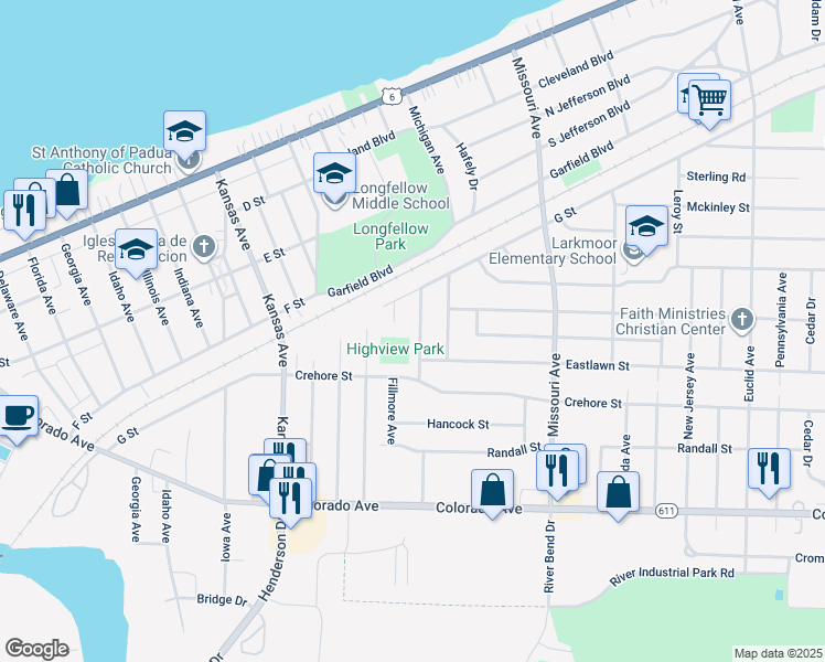 map of restaurants, bars, coffee shops, grocery stores, and more near 1324 Massachusetts Avenue in Lorain