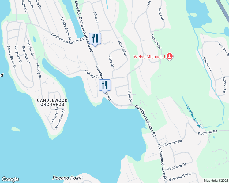 map of restaurants, bars, coffee shops, grocery stores, and more near 9 Candlewood Acres Road in Brookfield