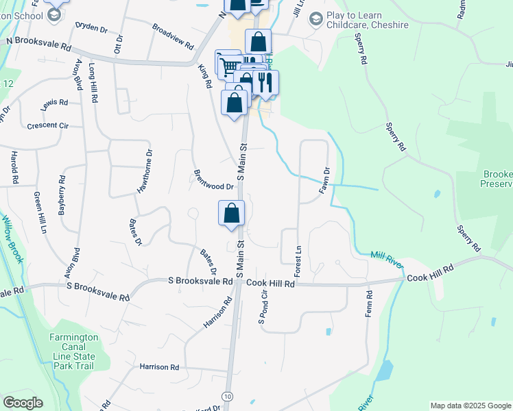 map of restaurants, bars, coffee shops, grocery stores, and more near 22 Southwick Court in Cheshire