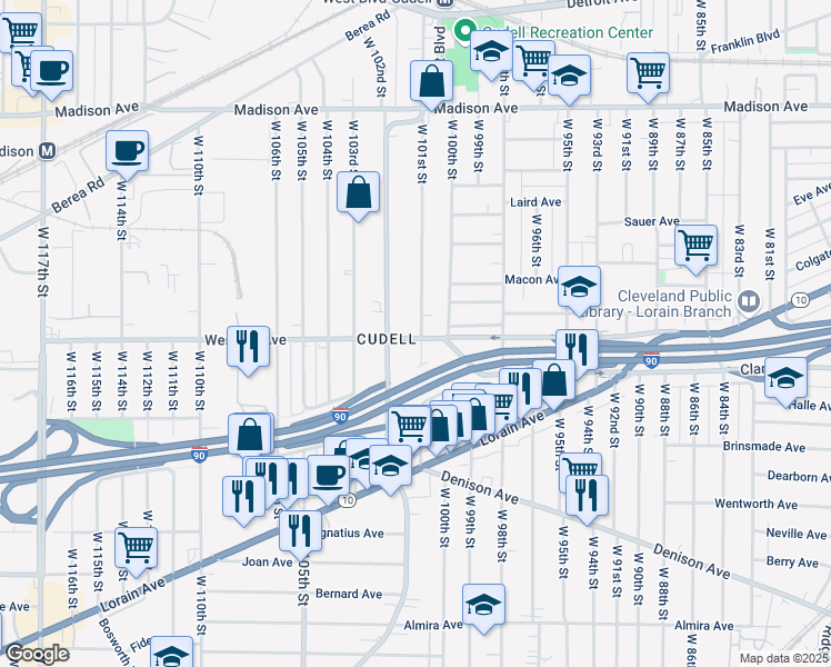 map of restaurants, bars, coffee shops, grocery stores, and more near 2236 West 101st Street in Cleveland