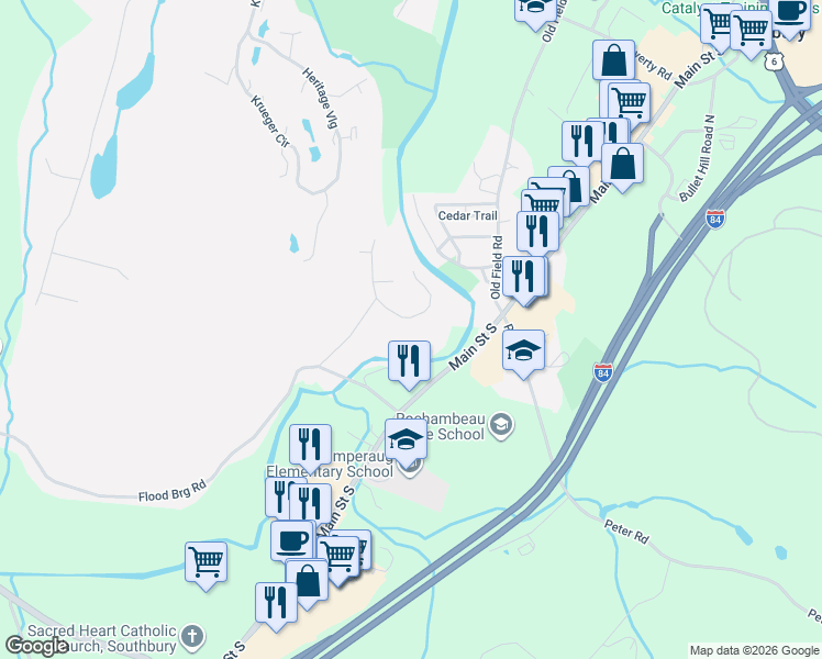map of restaurants, bars, coffee shops, grocery stores, and more near 130 Riverhill Road in Southbury