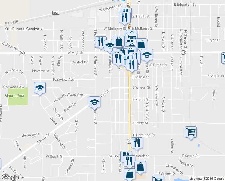 map of restaurants, bars, coffee shops, grocery stores, and more near 401 S Beech St in Bryan