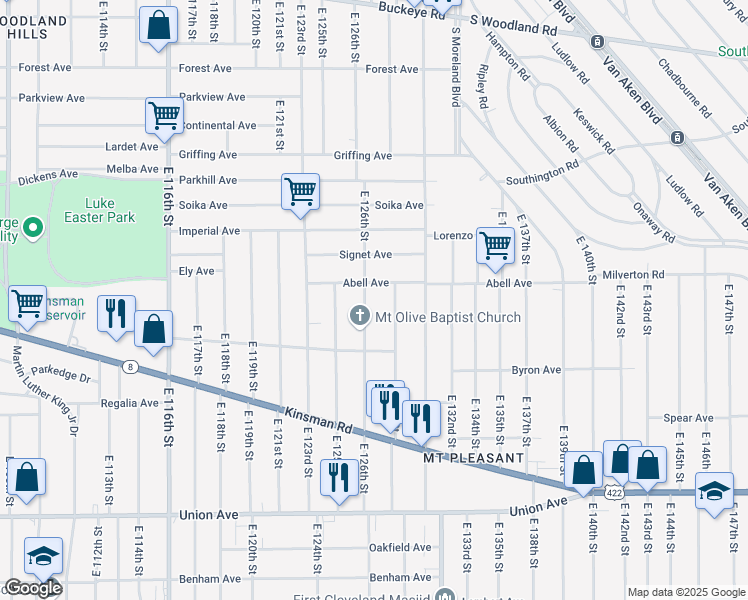 map of restaurants, bars, coffee shops, grocery stores, and more near 3249 East 126th Street in Cleveland