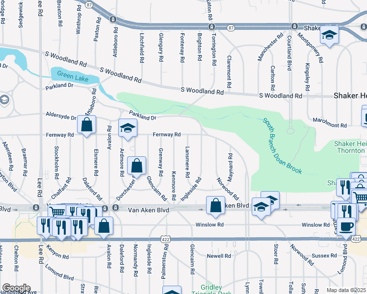 map of restaurants, bars, coffee shops, grocery stores, and more near 3275 Lansmere Road in Shaker Heights