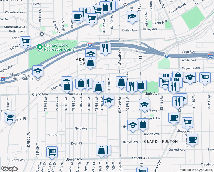 map of restaurants, bars, coffee shops, grocery stores, and more near 3062 West 46th Street in Cleveland