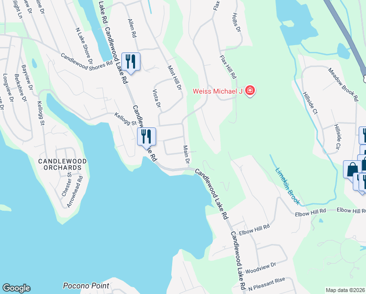 map of restaurants, bars, coffee shops, grocery stores, and more near 8 Main Drive in Brookfield