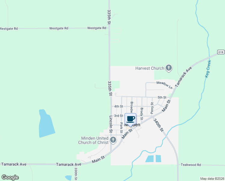 map of restaurants, bars, coffee shops, grocery stores, and more near 31565 335th Street in Minden