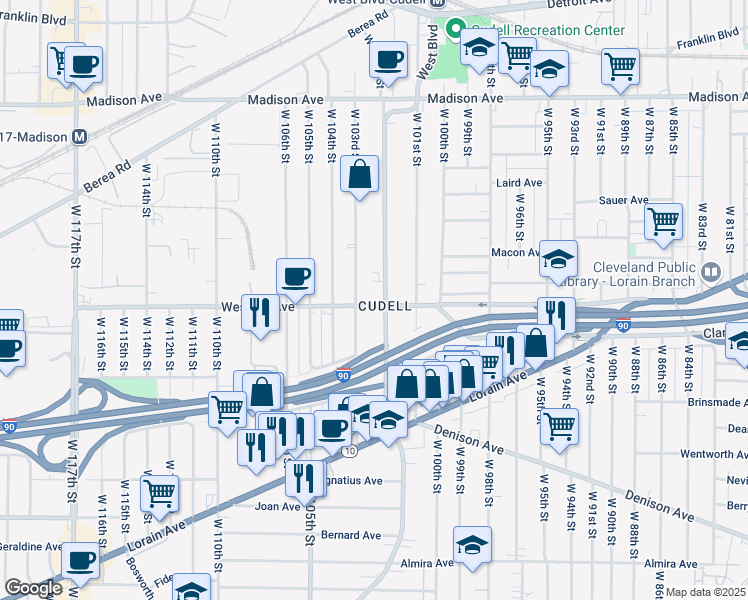 map of restaurants, bars, coffee shops, grocery stores, and more near 2238 West Boulevard in Cleveland